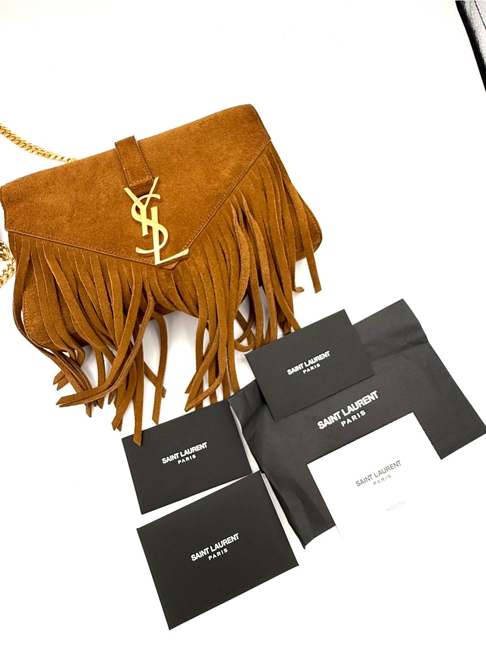 Saint Laurent YSL Tan Brown Suede Fringe Kate Bag with Gold Chain - Picture 15 of 15